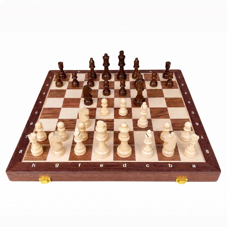 15″ Folding Walnut Chess Set with Storage 15 inches by 15 inches, Walnut/Tan
