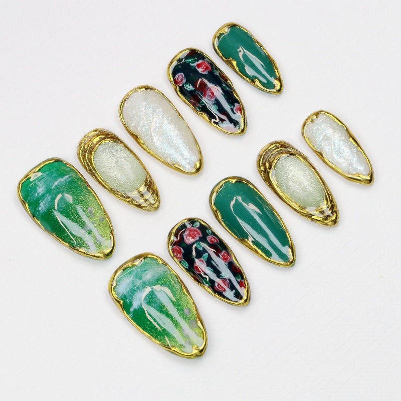 Custom Pure Handmade Nails Dark Green Gold Trim Floral Luxury Daily Manicure
