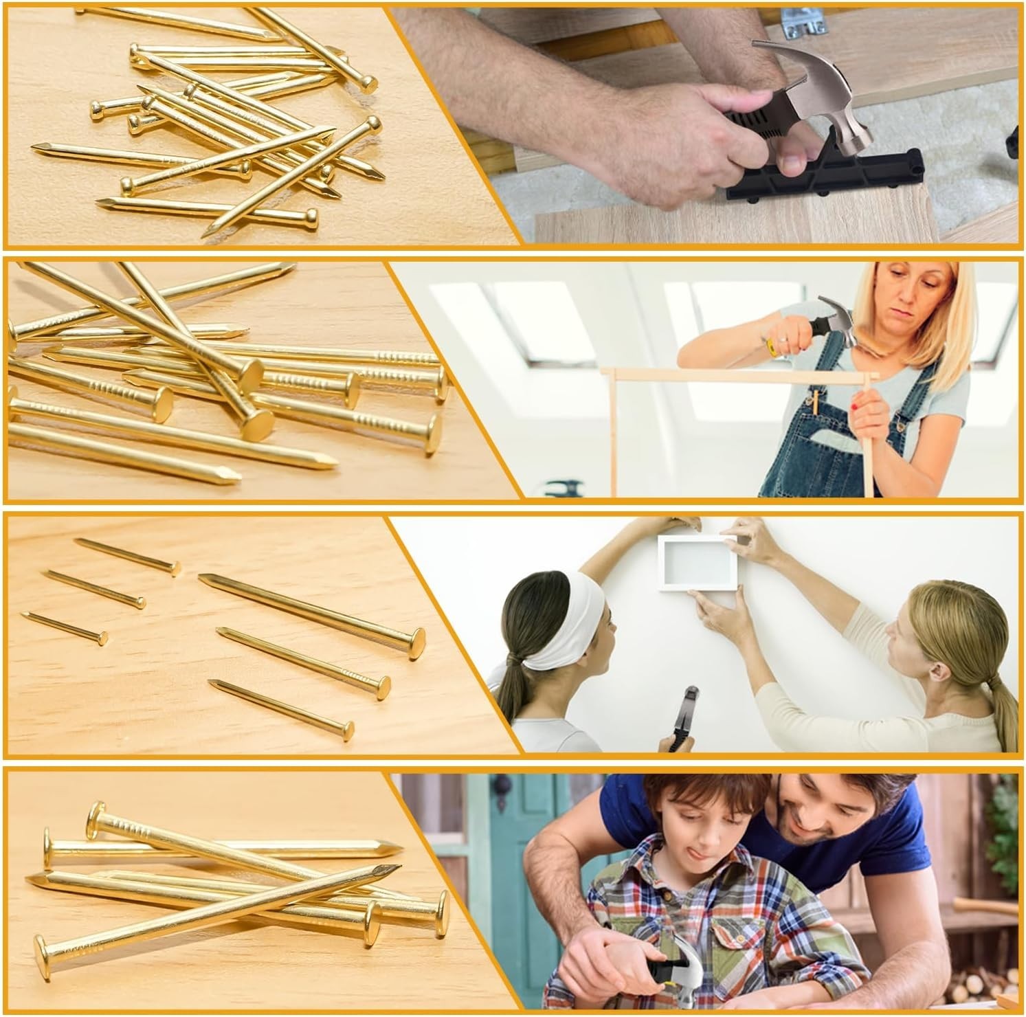 Transparent Storage Kit of 700 Gold Picture Nails – 6 Sizes for Easy Use