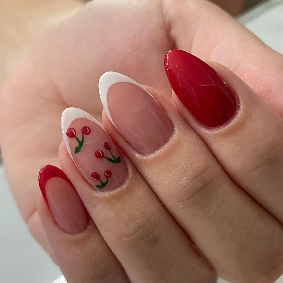 24Pcs French Press On Nails Short Oval Red Hawaii Flower Summer Stick On Nail