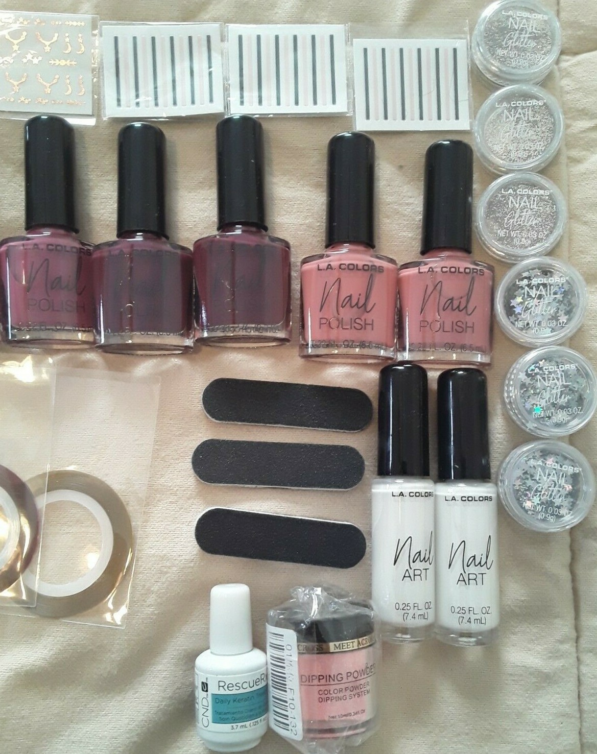 L A Colors Nail Art Lot Polish Glitter Sticker Sheets File Strips Tape Remover