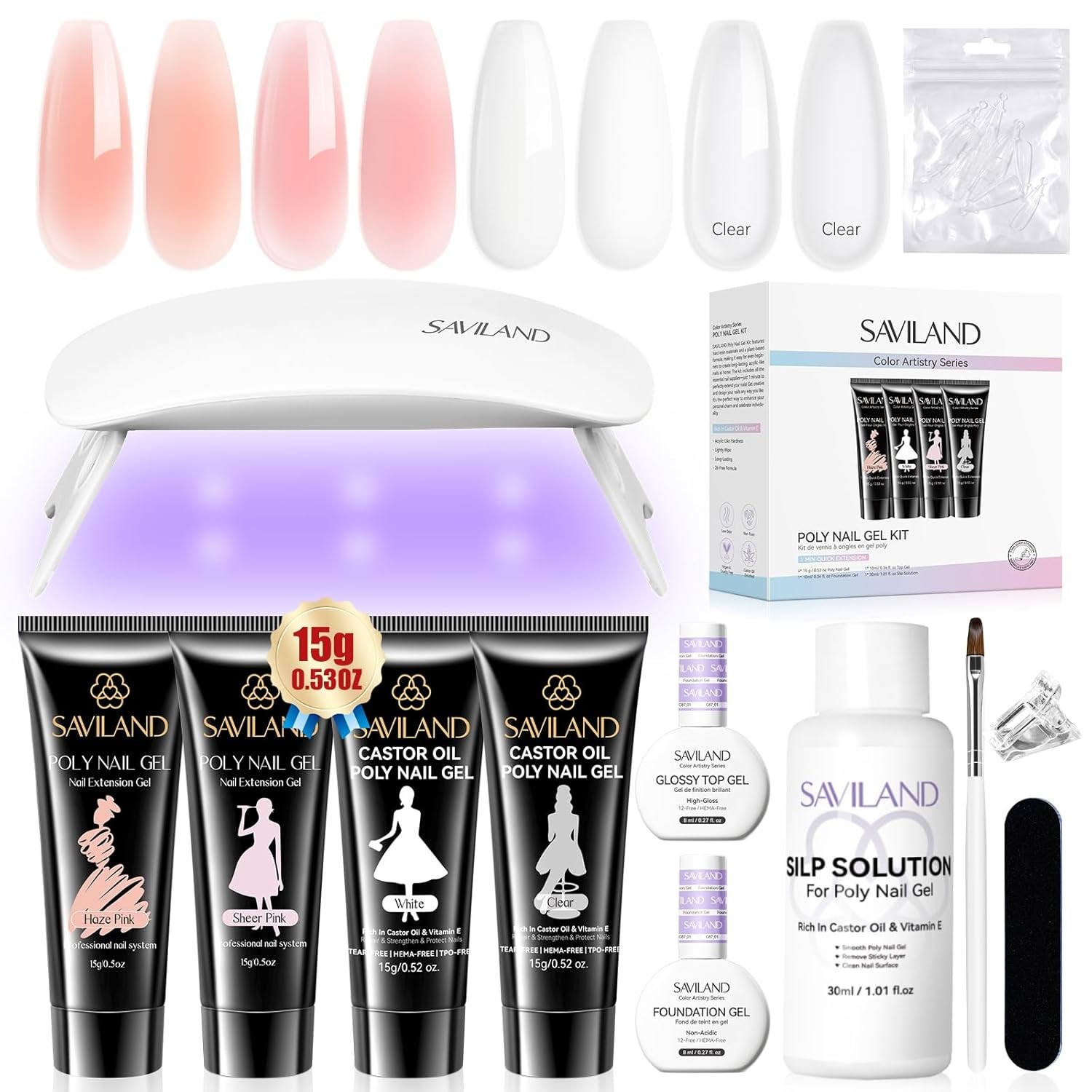 Poly Gel Nail Kit Starter with UV Lamp, 4 Colors Clear & Natural, 28-Day Wear
