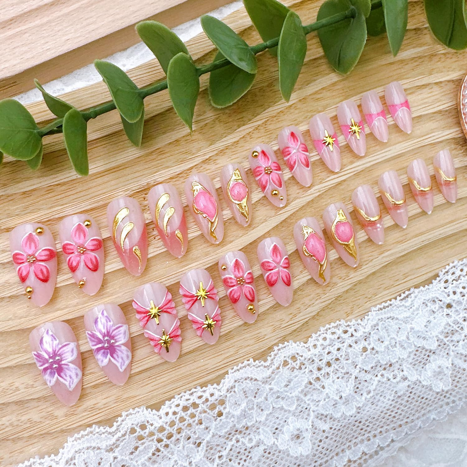 24Pcs Flower Press on Nails Medium Almond Fake Nails with Gold Beads Star Design