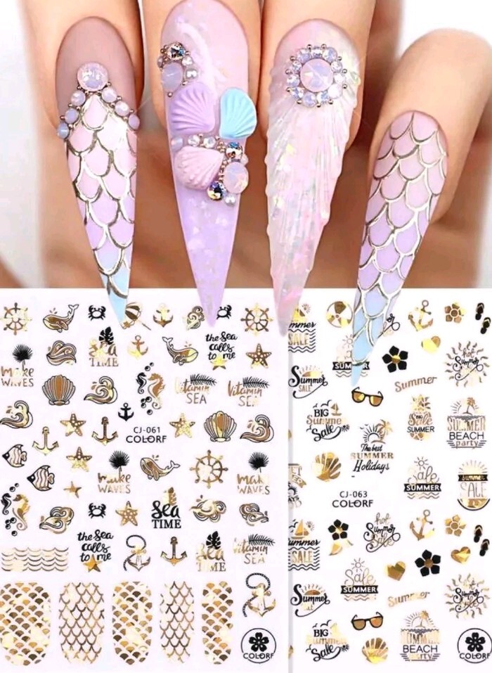 Beach Gold Nail Art Transfer Stickers Anchors Shells Mermaid Scales Whales Waves