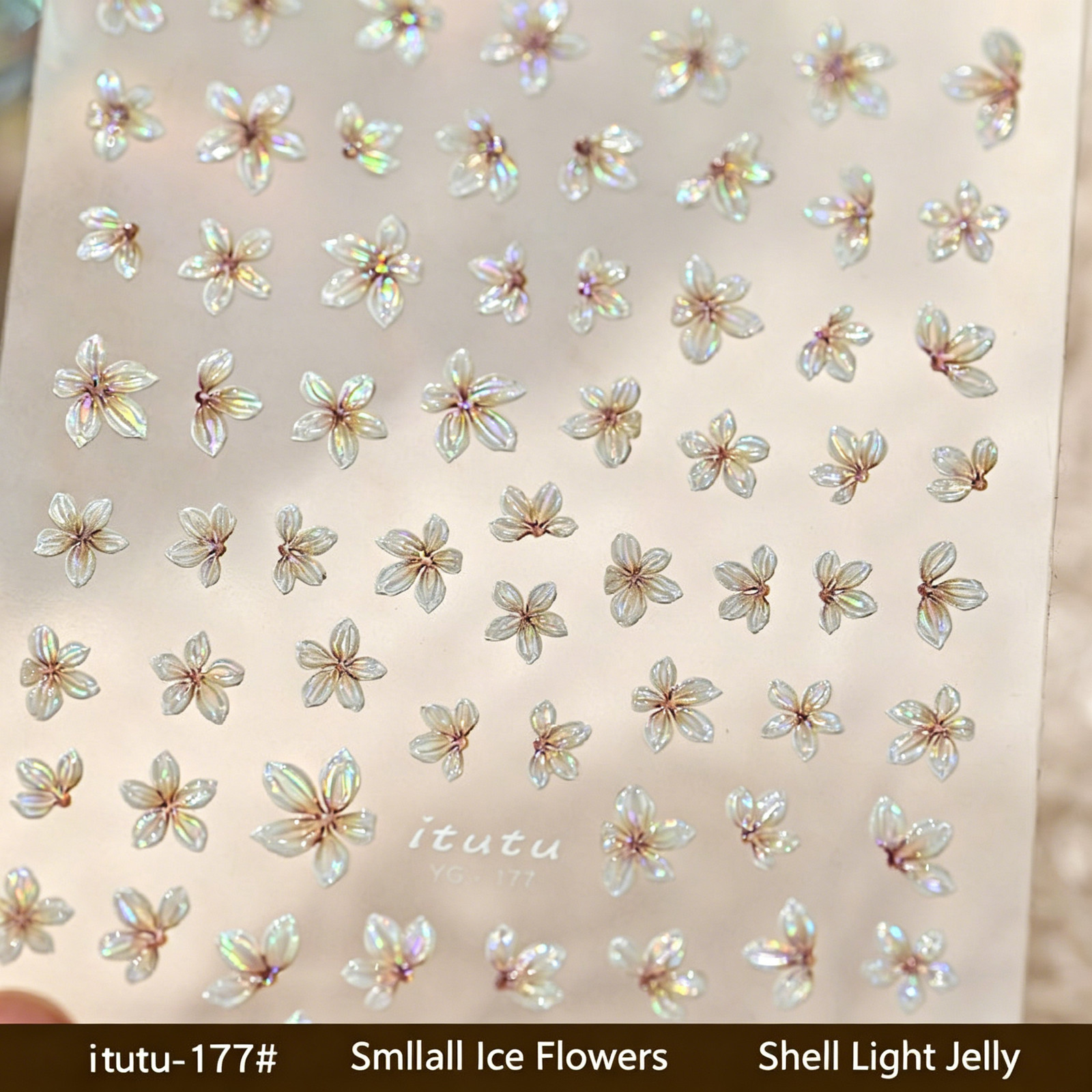New Translucent Small Ice Flower Embossed Jelly Nail Stickers, Fairy Shell Shimm
