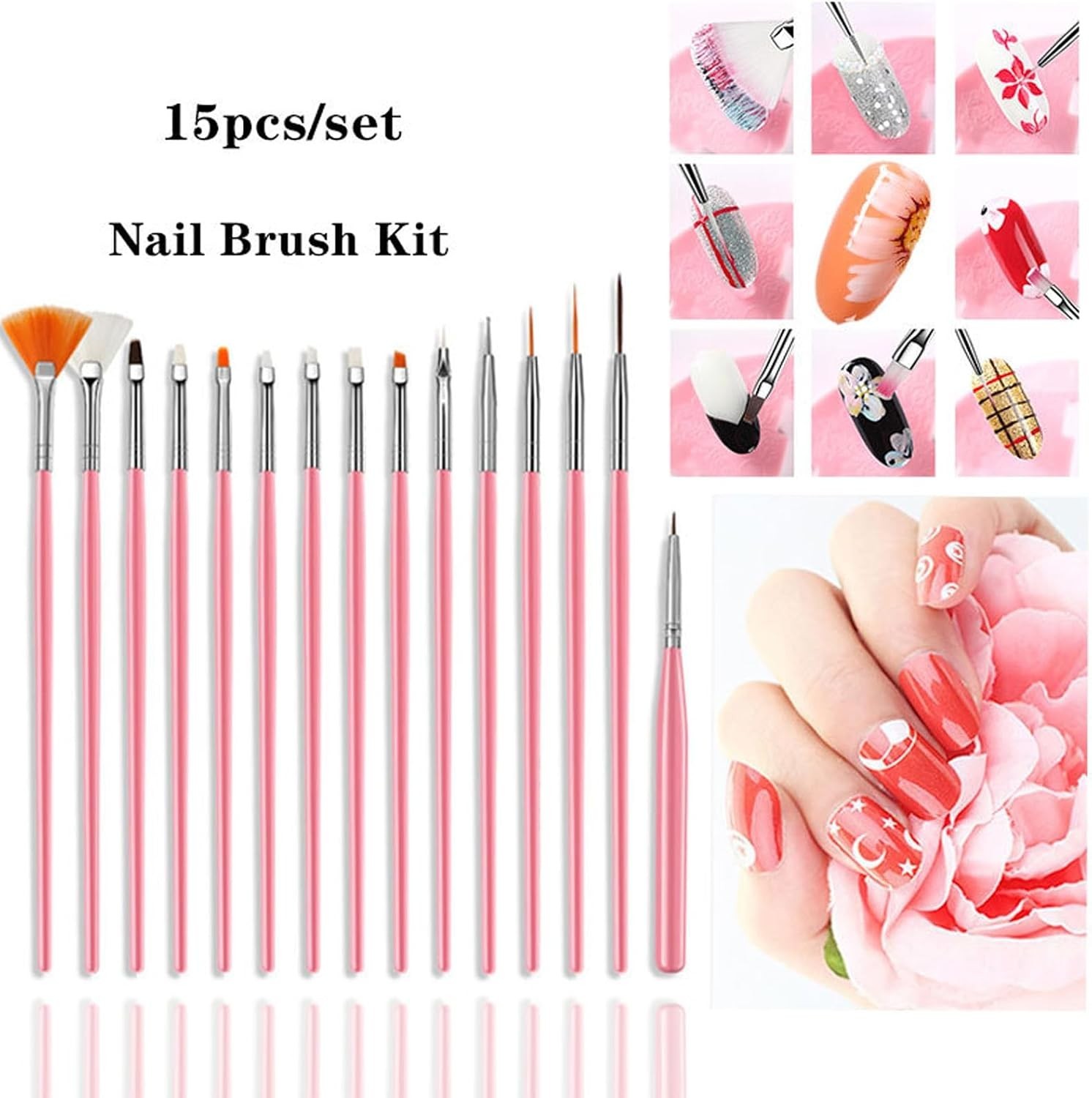 15PCS Gel Nail Art Brushes Set Manicure Dot Nails Set for Diy & Professional Use