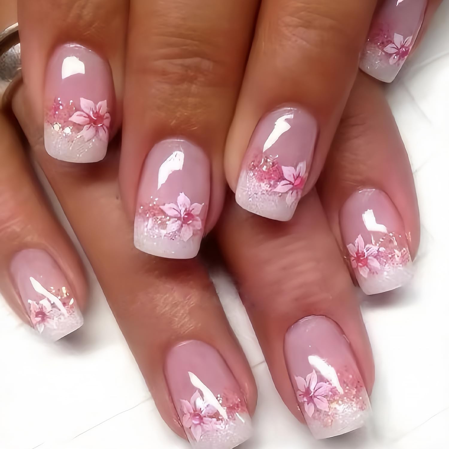 24pcs French Tip Press On Nails – Short Square Pink Flower Fake Multicolor