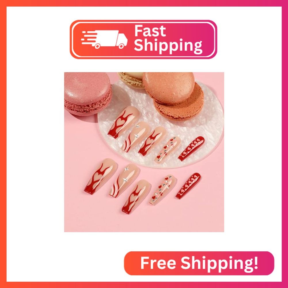 BAOYAALIN Press on Nails Long Coffin Red Fake Nails with Flames Heart Design Rhi