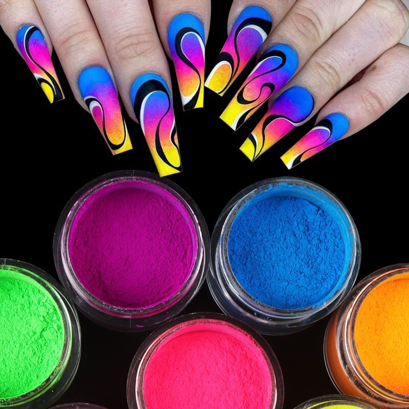 6 Neon Colour Nail Art Pigment Powder Set Dust Ombre Smoky Florescent Face Body