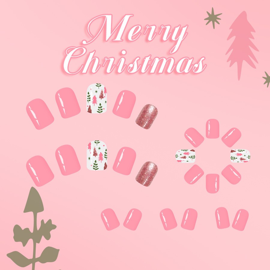 48pcs Christmas Pink Press On Nails Glitter Festive Holiday Wearable Nail Art