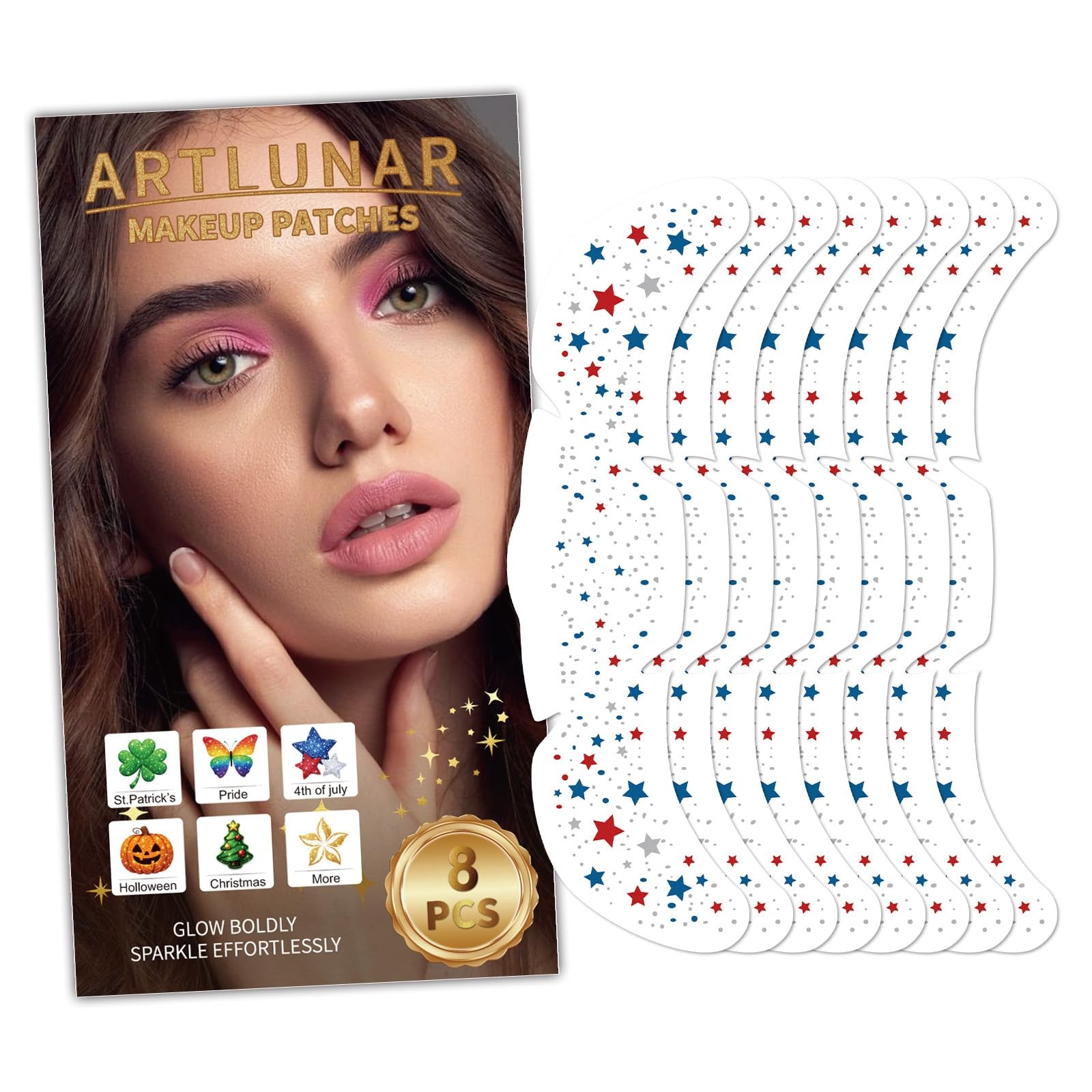 8 Pcs Red White Blue Star Freckle Stickers with Silver Glitter Powder for Face,