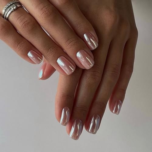 Nude Press On Nails Short – Chrome Press On Nails Square, Sparkly square peach
