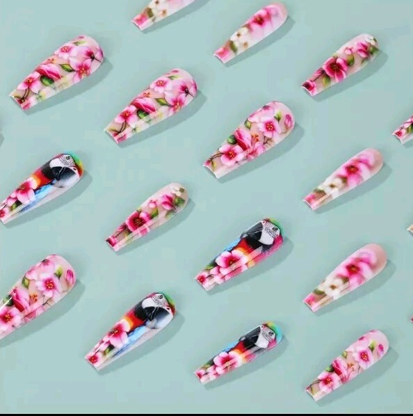 Vibrant Parrot & Floral 3D Press-On Nails – Long Coffin Shape, Glossy Finish💗