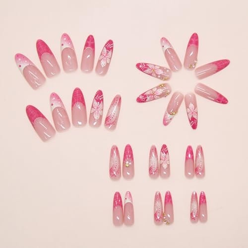 30Pcs Flower Press on Nails Long Almond French Tip Fake Flower French Nails 12