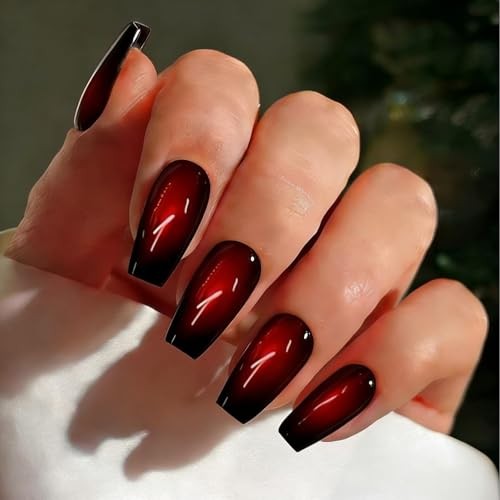 Cat Eye Press On Nails Long Square, Chrome Dark Red Fake Nails burgundy-cateye