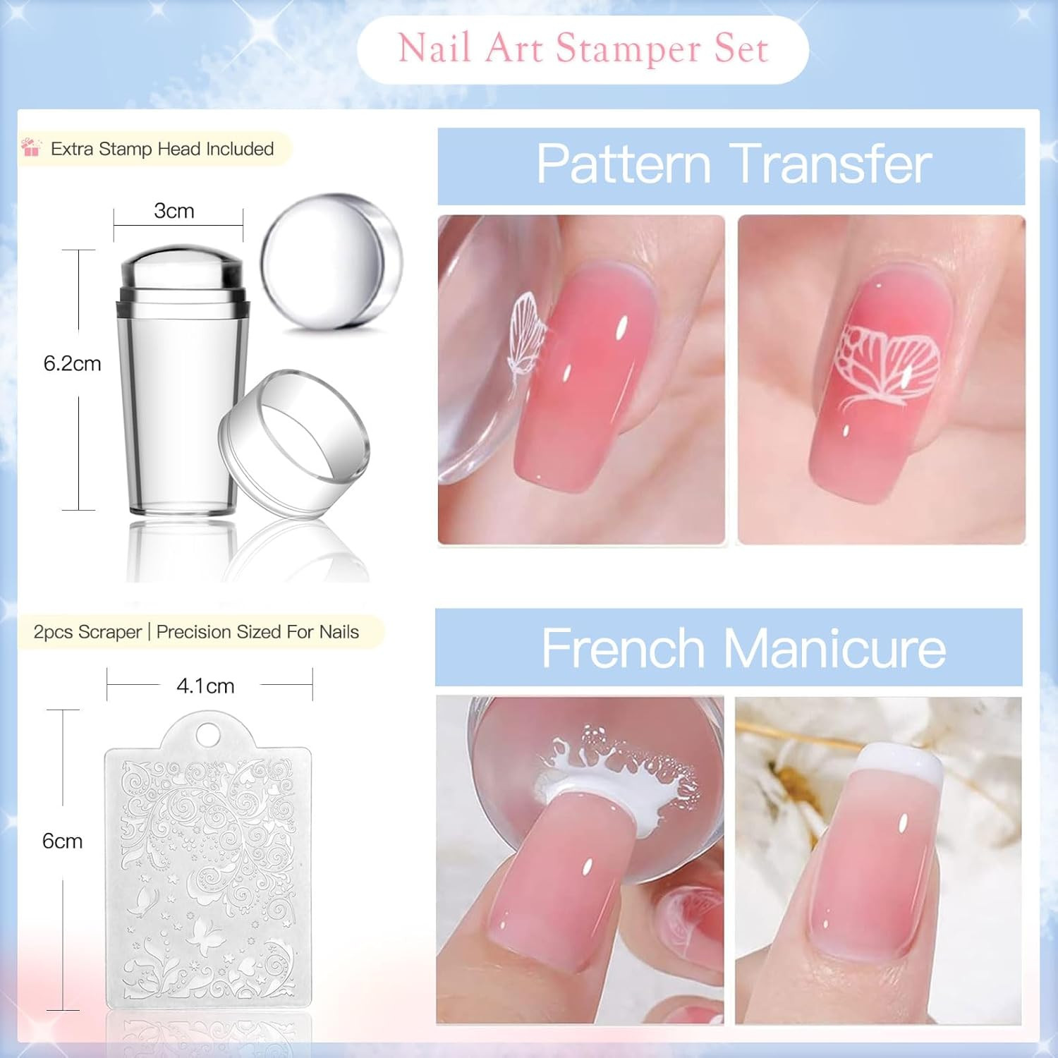 Nail Stamping Kit with 16 Nail Stamping Plates, Clear Jelly Nail Stamper, 2 Scra