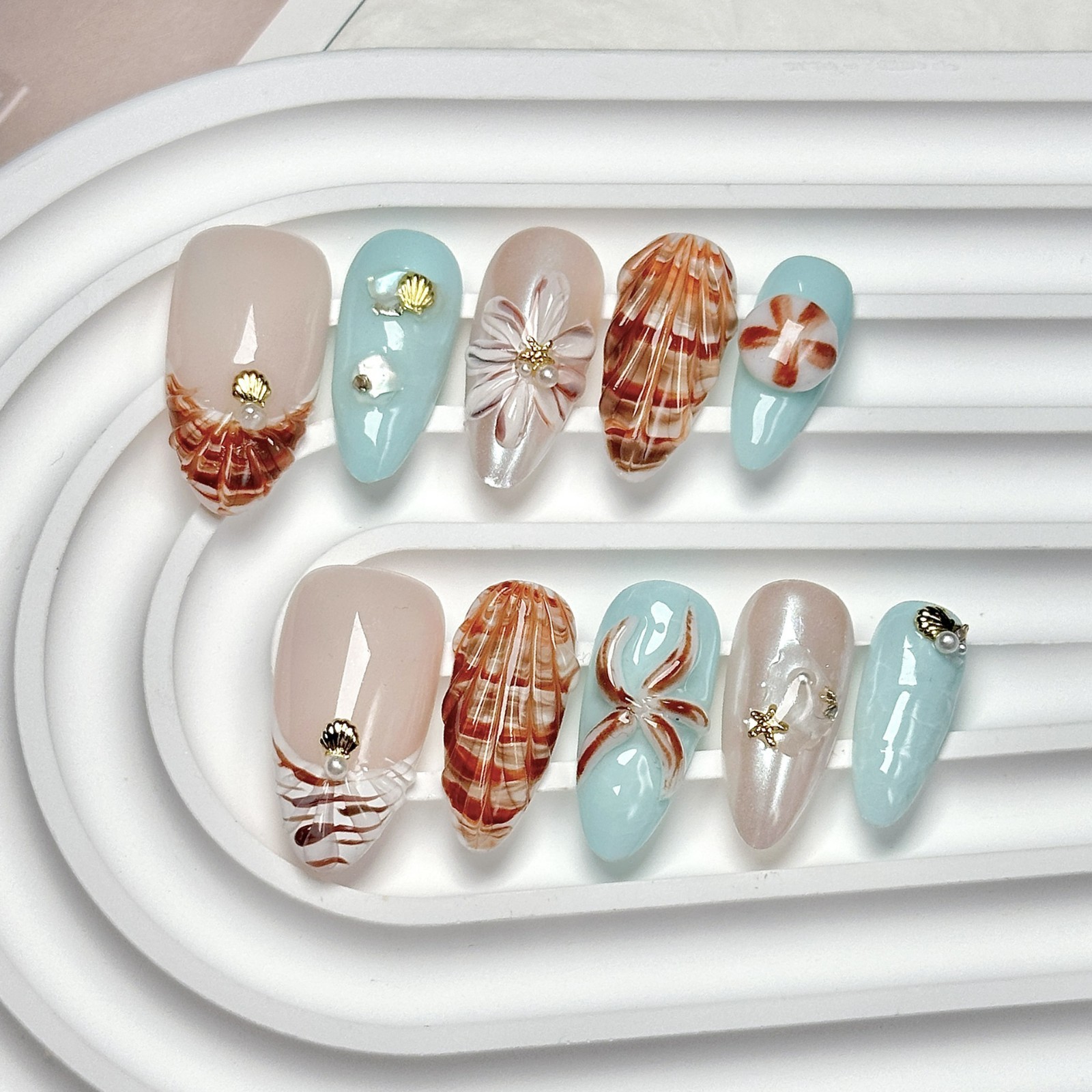 Handmade 10pcs Ocean 3D Sell Design Press On Nail, Almond Shape, Size S/M/L