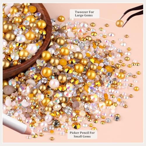14000PCS Flatback Pearls and Gold Rhinestones for Bedazzling Kit | White Brown