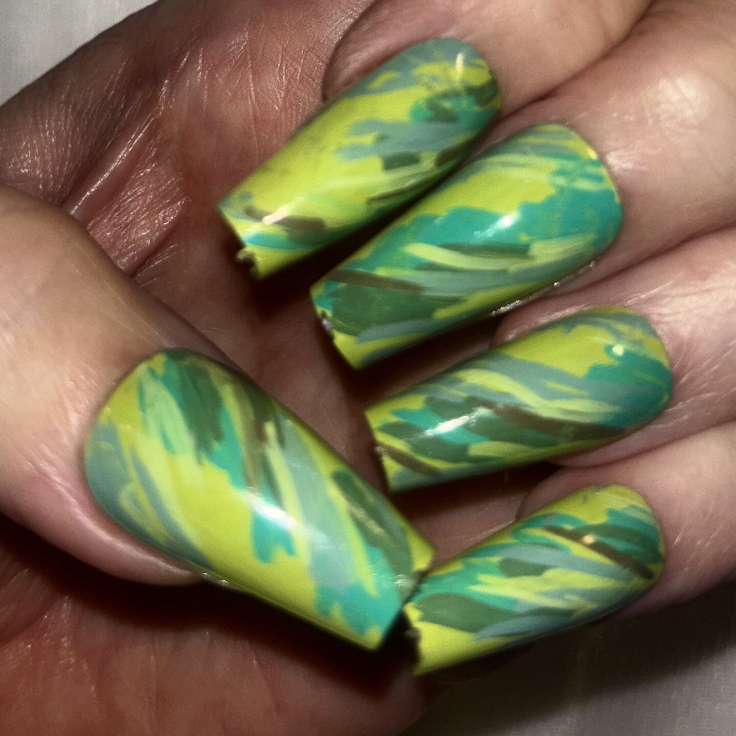 28 pc XL (00) Green Yellow Camouflage Glossy Long Coffin Press-On Nails Handmade