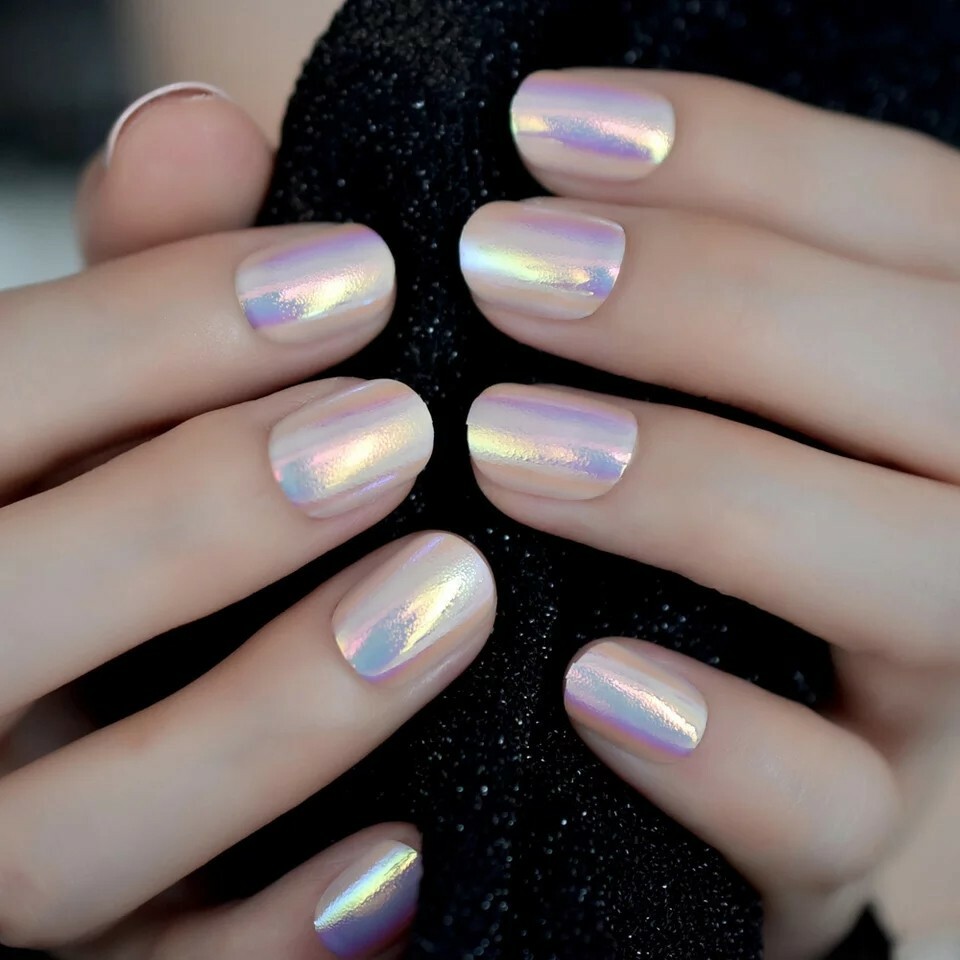 Holographic Press on Nails Pink Purple Metallic with glue unicorn short chrome