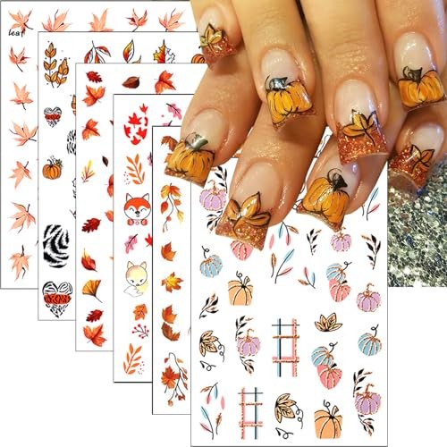 6 Sheets Fall Nail Art Stickers Thanksgiving Day Nails Fall Stickers Style 6