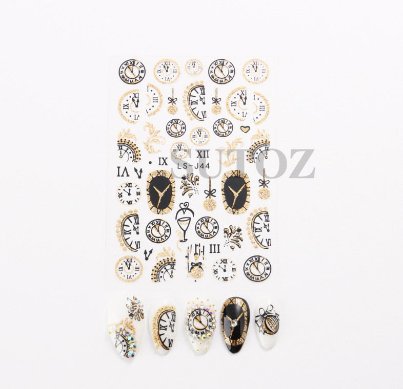 Glitter 3D Gold Black 2023 New Year Clock Time Cat French Nail Art Stickers NH21