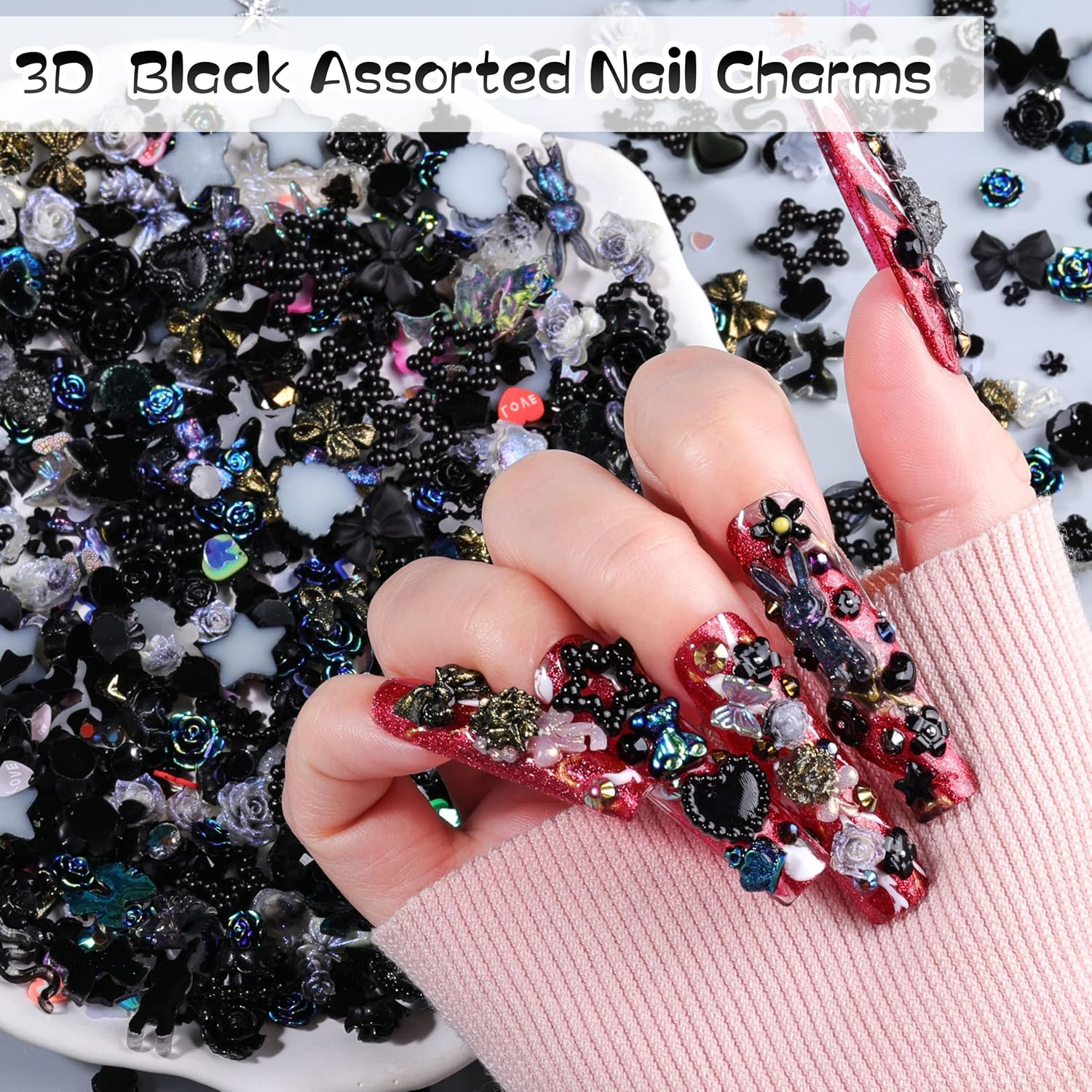 1500Pcs 3D Black Nail Charms for Acrylic Nails, Resin Butterfly Flower Star Hear