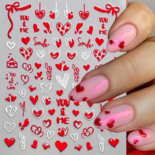 8Pcs Valentines Day Nail Art Stickers Decal Red Heart Nail Sticker 3D Self