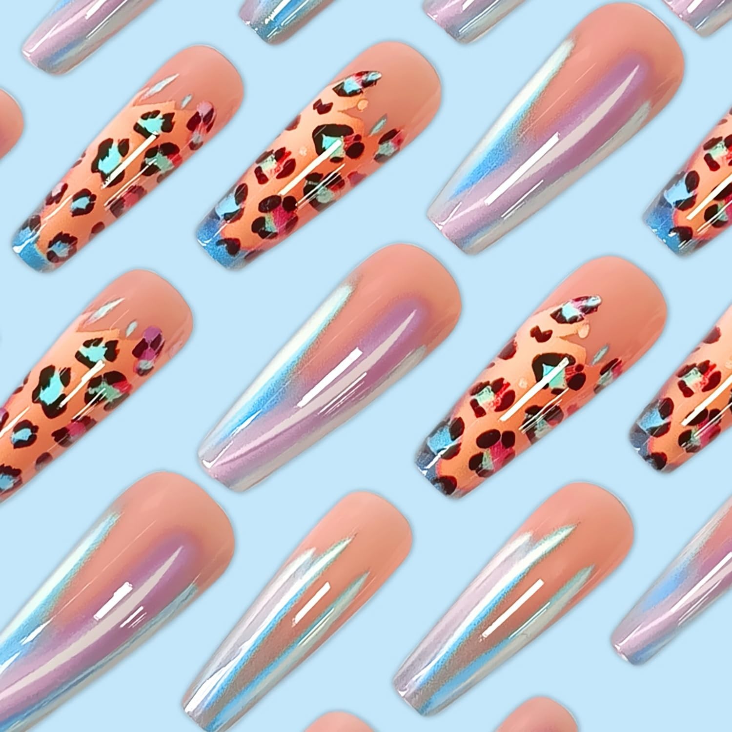 24Pcs Press on Nails with Designs Leopard Print Fake Nails Long Coffin Glue o…