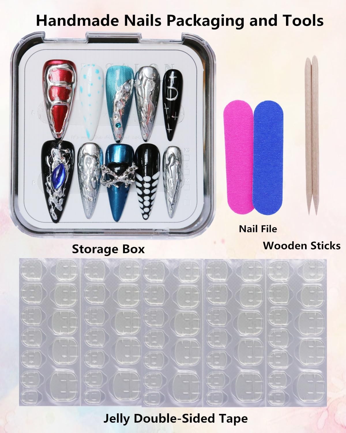 CAMILCY Press on Nails Long Stiletto Blue Black Silver Chrome Gothic Y2K 10pcs