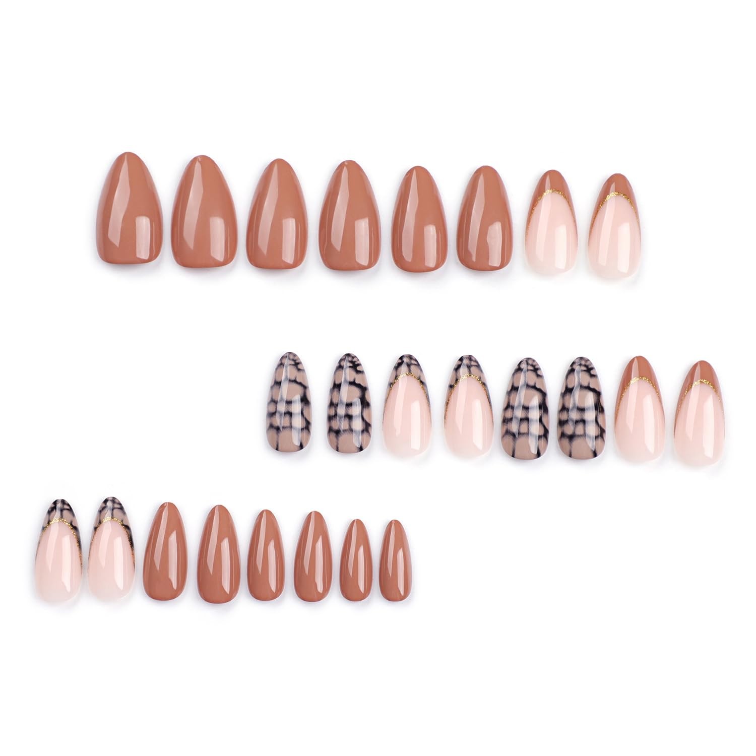 24 Pcs Fall Press on Nails French Tips Almond Fake Nude & Brown False Gold Gl…