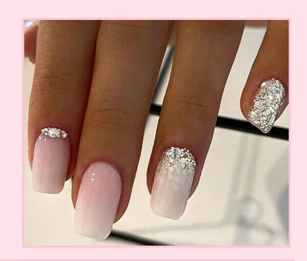 Glossy diamonds French Style Short Squared Fake Press on Nails