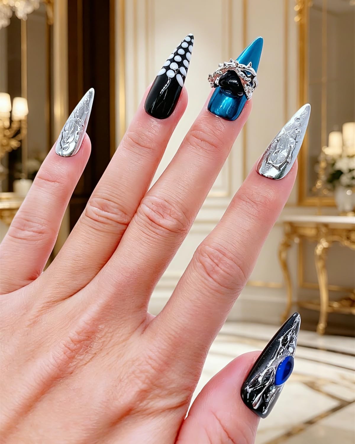 CAMILCY Press on Nails Long Stiletto Blue Black Silver Chrome Gothic Y2K 10pcs
