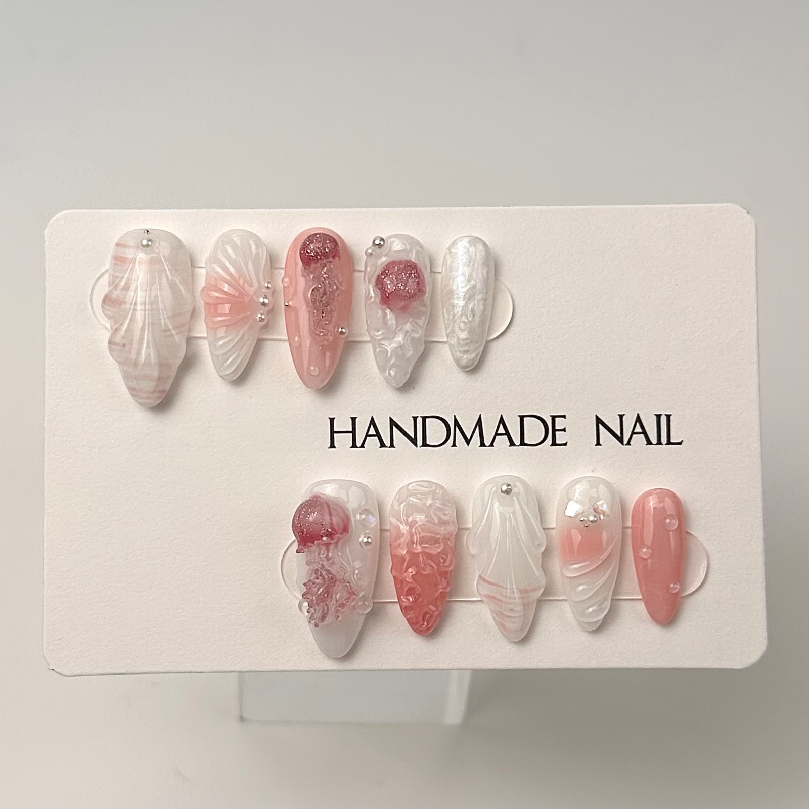 Seashell Jellyfish Mermaid Press On Nails Pink 3D Pearl Handmade Textured Nails