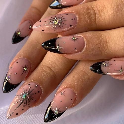 Press on Nails – Medium Almond Glue on Nails with Black French 03306-01Black