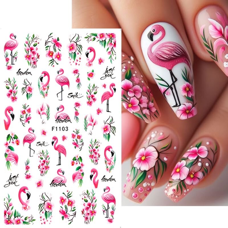 Flamingo Pink Primrose Flower Branch Love Nail Sticker Oenothera Flowers leaf