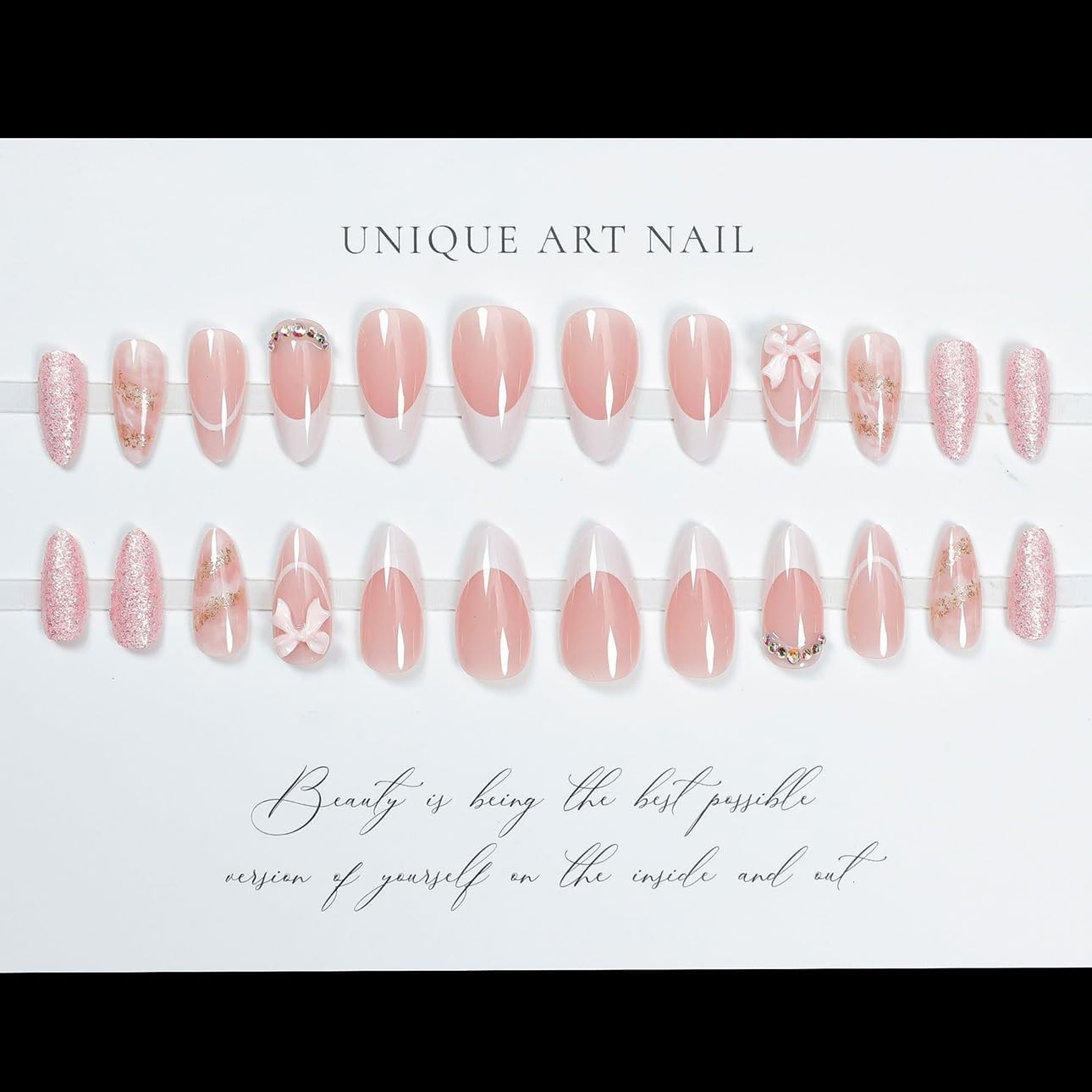 Almond French Tip Press on Nails – Medium Pink Fake Nails with 3D Bow Diamond…