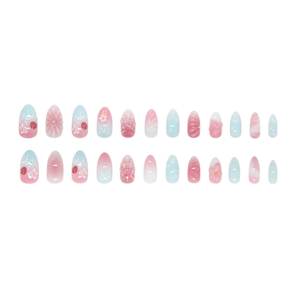 Almond Press on Nails Medium Fake Nails with 3D Ripple Bubble Pink Flower Pearls