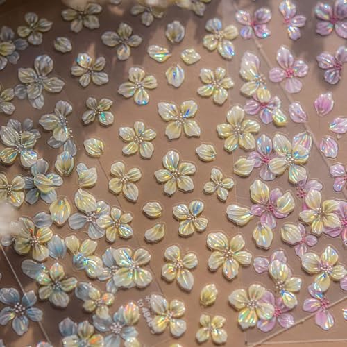 4 Sheets Flower Nail Art Stickers 5D Embossed Yellow Blue Colorful Flower 5