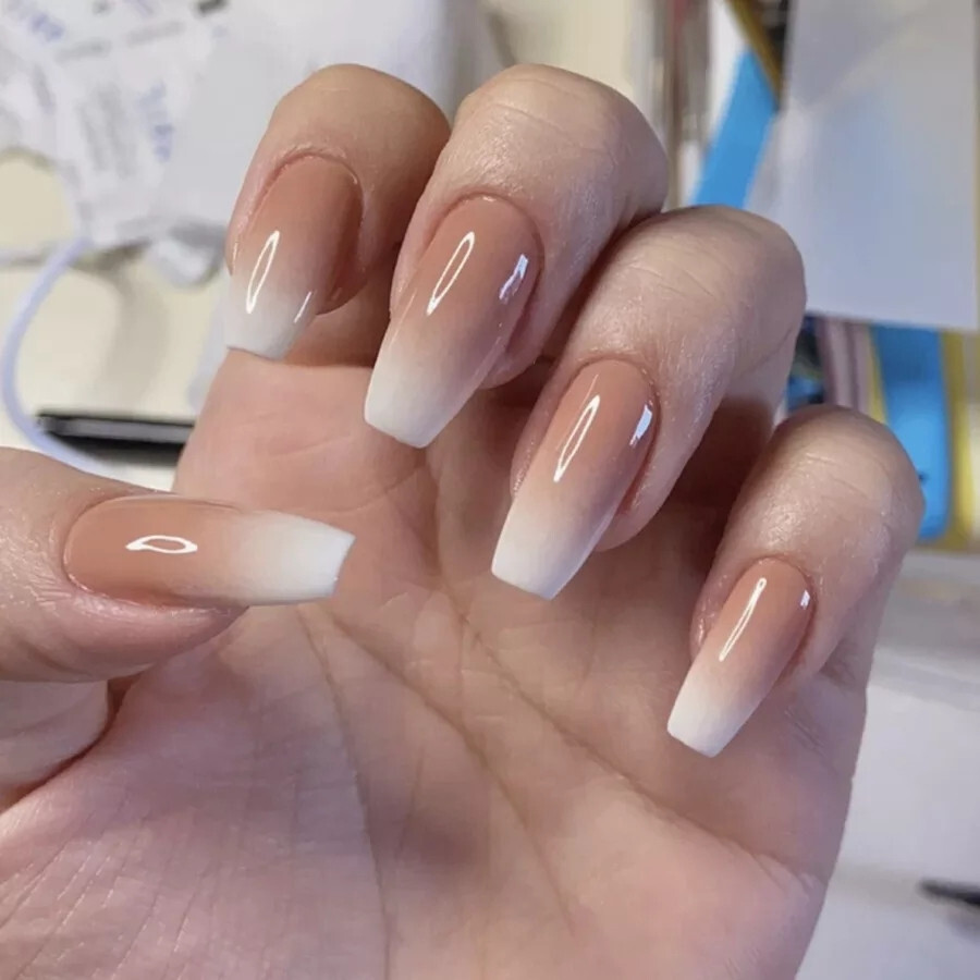 24 Medium Press on nails kit w glue cream french ombre coffin