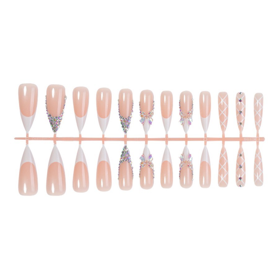 48pcs-Press on Nails Nude Almond 3D Crystal Bow Rhinestone Accents Bridal Design
