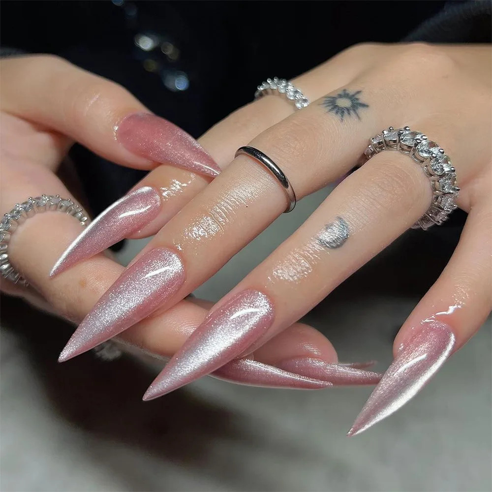 24pcs Red Blush Goth Long Stiletto Press On Nails