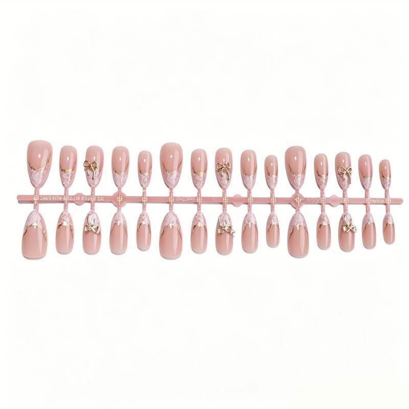 60Pcs Nude White Bow Press on Nails, Medium Almond Gold Wire Elegant Fake Nails