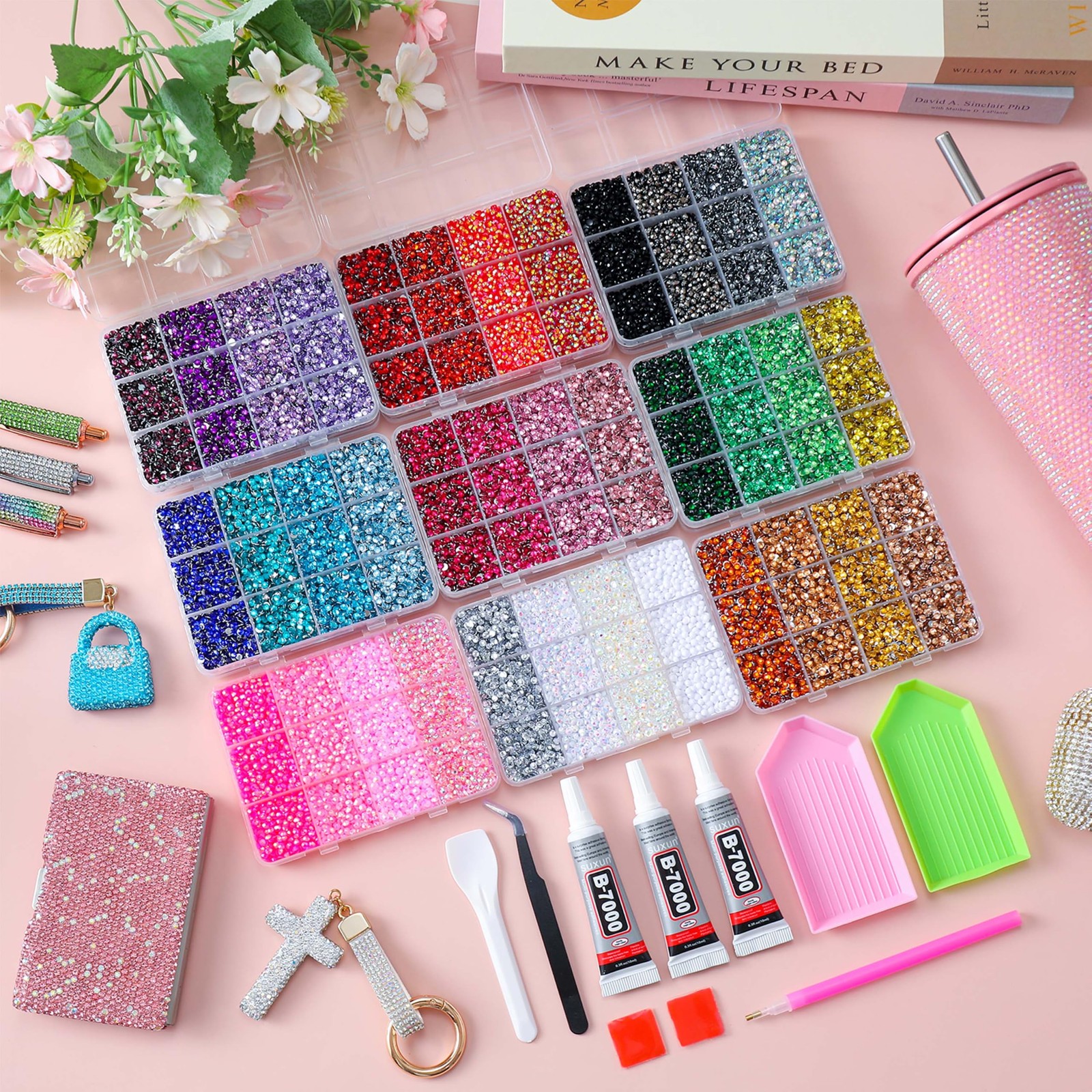 LERBOU Bedazzling Kit 81000PCS Rhinestones, 3mm Flatback Gems Set, 9 Color Se…
