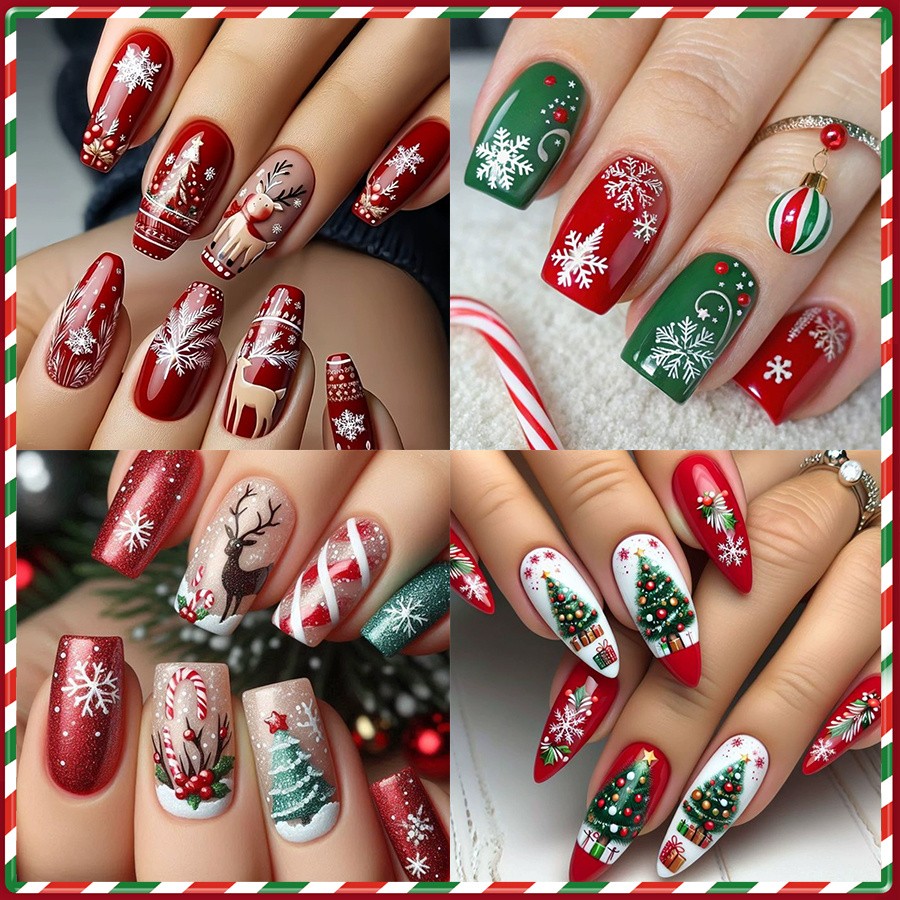 96pcs Christmas Press-on Nails Reindeer Tree Candy Cane Holiday Party Nails