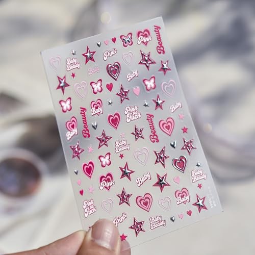 5D Embossed Pink Star Nail Stickers – Y2K Design Self-Adhesive Heart 1 Mh31