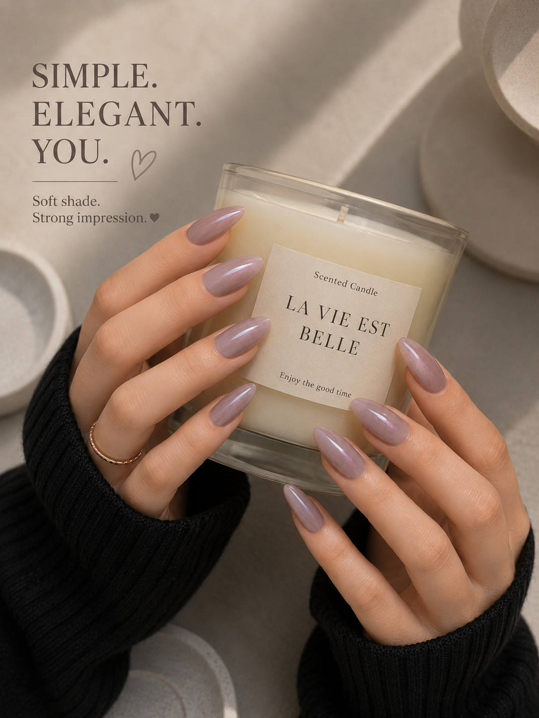 Elegant Dusty Mauve Grey Pearl Glossy Almond Press-On Nails – Small