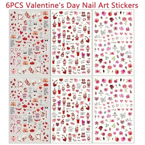 Valentine’s Day Nail Art Stickers Decals 6Pcs Heart Nail Art Valentines Style-6