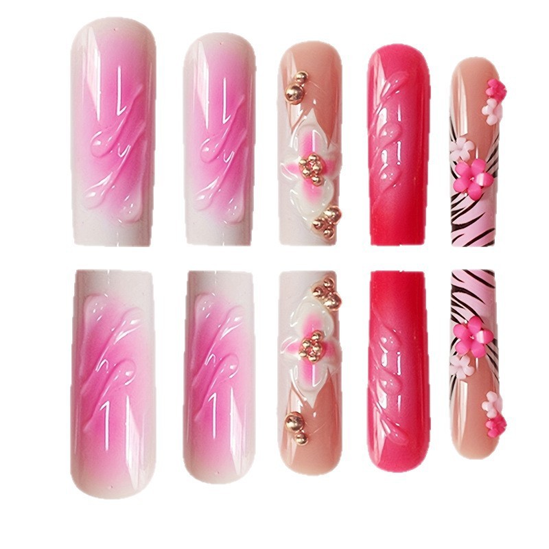 Long Pink Square Press on Nails 3D Wave Floral False Nails Wholesale