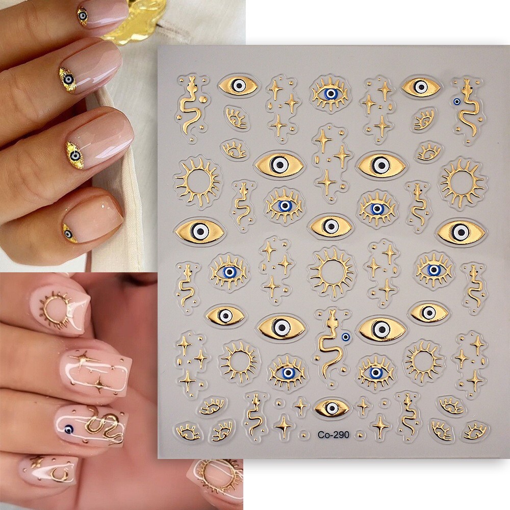 2Sheets Silver Gold Evil eye Stars Sun Nail Art Decor Stickers DIY Co290 NS52